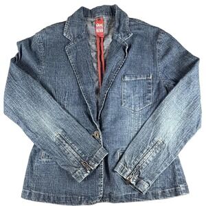 Star Jeans Blazer Womens Large Blue Denim One Button Zip Cuff Tailored Casual